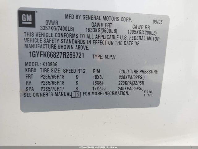44726498 :رقم المزاد ، 1GYFK66827R269721 vin ، 2007 Cadillac Escalade Esv Standard مزاد بيع