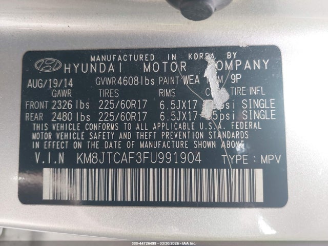 2015 Hyundai Tucson Gls მანქანა იყიდება აუქციონზე, vin: KM8JTCAF3FU991904, აუქციონის ნომერი: 44726499