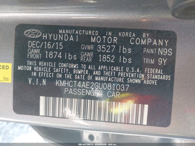 Aukcja sprzedaży 2016 Hyundai Accent Se, vin: KMHCT4AE2GU081037, numer aukcji: 44726513