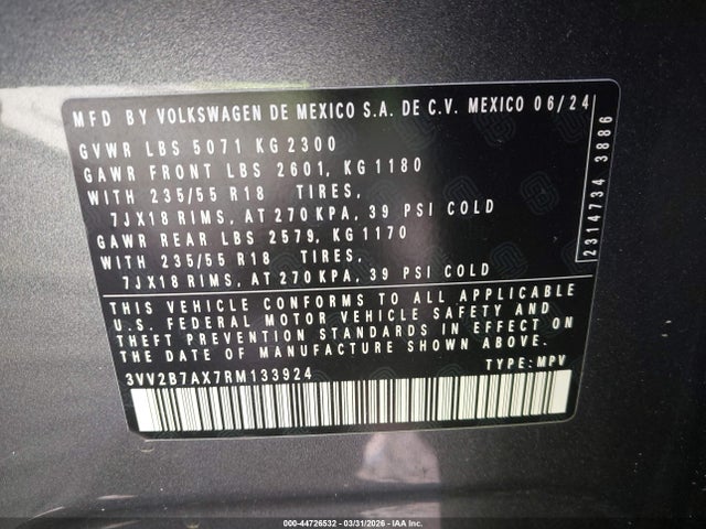 2024 Volkswagen Tiguan 2.0t Se/2.0t Wolfsburg Edition მანქანა იყიდება აუქციონზე, vin: 3VV2B7AX7RM133924, აუქციონის ნომერი: 44726532