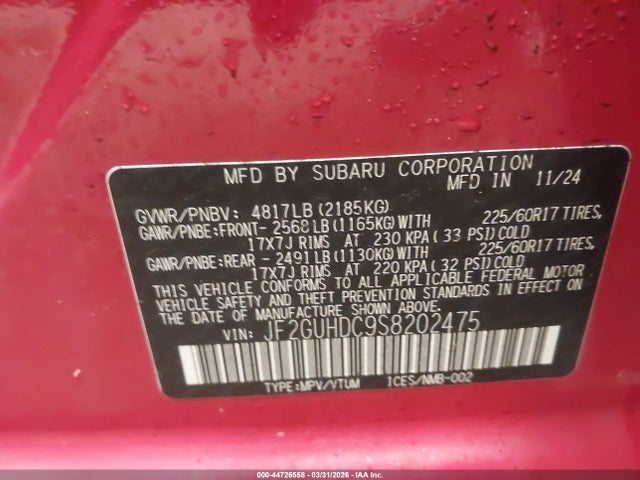 2025 Subaru Crosstrek Premium მანქანა იყიდება აუქციონზე, vin: JF2GUHDC9S8202475, აუქციონის ნომერი: 44726558