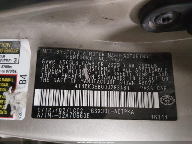 44726566 :رقم المزاد ، 4T1BK36B08U283481 vin ، 2008 Toyota Avalon Limited مزاد بيع