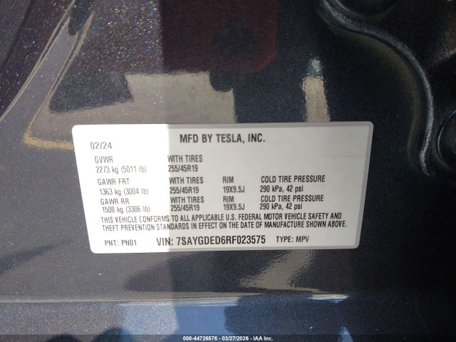 2024 Tesla Model Y Long Range Single Motor Rear-wheel Drive/rwd მანქანა იყიდება აუქციონზე, vin: 7SAYGDED6RF023575, აუქციონის ნომერი: 44726576