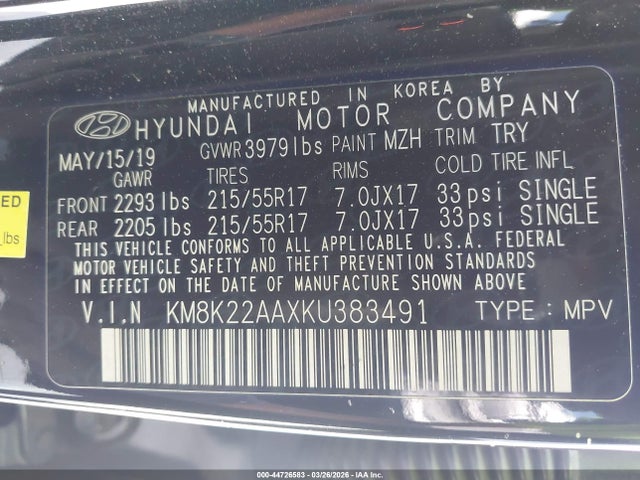 KM8K22AAXKU383491 Hyundai Kona Sel