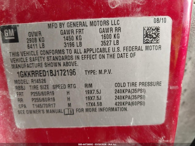 Aukcja sprzedaży 2011 Gmc Acadia Slt-1, vin: 1GKKRRED1BJ172196, numer aukcji: 44726592