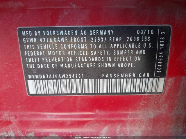 Продаж на аукціоні авто 2010 Volkswagen Golf 4-door, vin: WVWDA7AJ6AW294291, номер лоту: 44726609