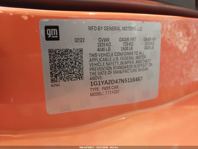 1G1YA2D47N5116467 Chevrolet Corvette Stingray Rwd 1lt