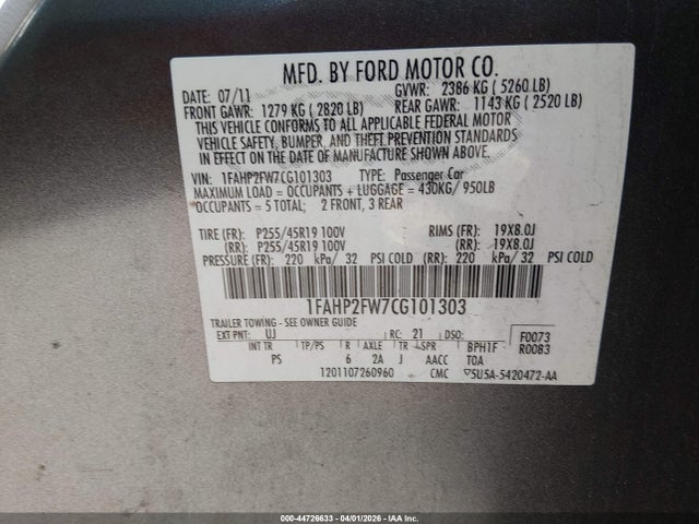 2012 Ford Taurus Limited მანქანა იყიდება აუქციონზე, vin: 1FAHP2FW7CG101303, აუქციონის ნომერი: 44726633