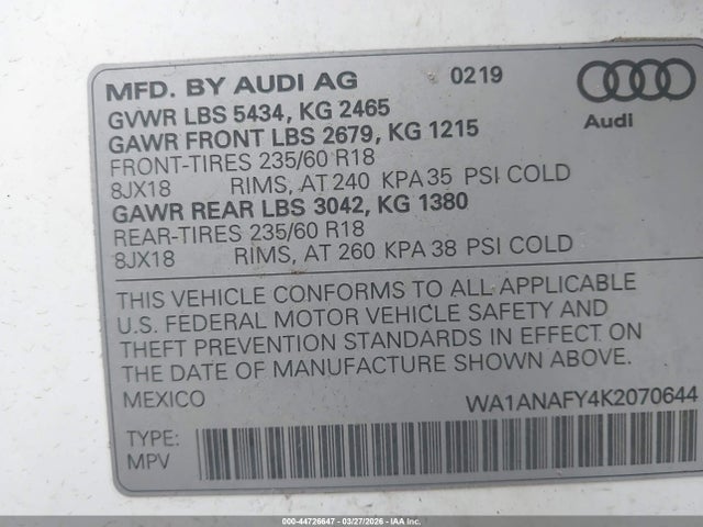 Aukcja sprzedaży 2019 Audi Q5 45 Premium, vin: WA1ANAFY4K2070644, numer aukcji: 44726647