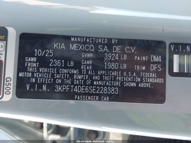 Aukcja sprzedaży 2025 Kia K4 Lxs, vin: 3KPFT4DE6SE228383, numer aukcji: 44726649