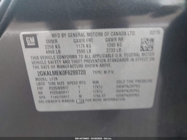 2015 Gmc Terrain Sle-1 მანქანა იყიდება აუქციონზე, vin: 2GKALMEK0F6288720, აუქციონის ნომერი: 44726653