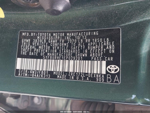 5YFBURHE1EP029201 Toyota Corolla Le Plus