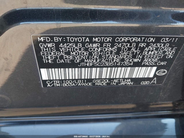 Aukcja sprzedaży 2011 Lexus Is 250, vin: JTHBF5C23B5147354, numer aukcji: 44726685