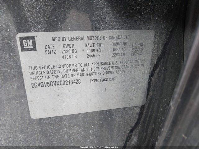 2012 Buick Regal Gs მანქანა იყიდება აუქციონზე, vin: 2G4GV5GVXC9213428, აუქციონის ნომერი: 44726687