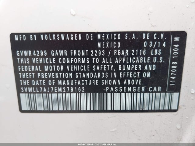2014 Volkswagen Jetta 2.0l Tdi მანქანა იყიდება აუქციონზე, vin: 3VWLL7AJ7EM279162, აუქციონის ნომერი: 44726695