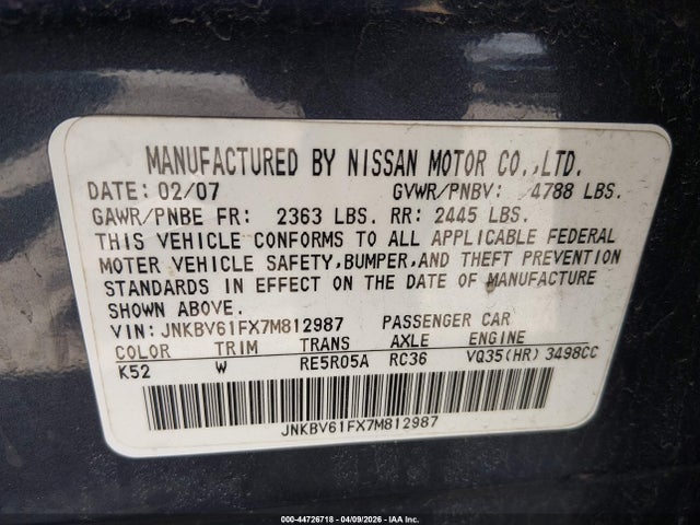 2007 Infiniti G35x მანქანა იყიდება აუქციონზე, vin: JNKBV61FX7M812987, აუქციონის ნომერი: 44726718