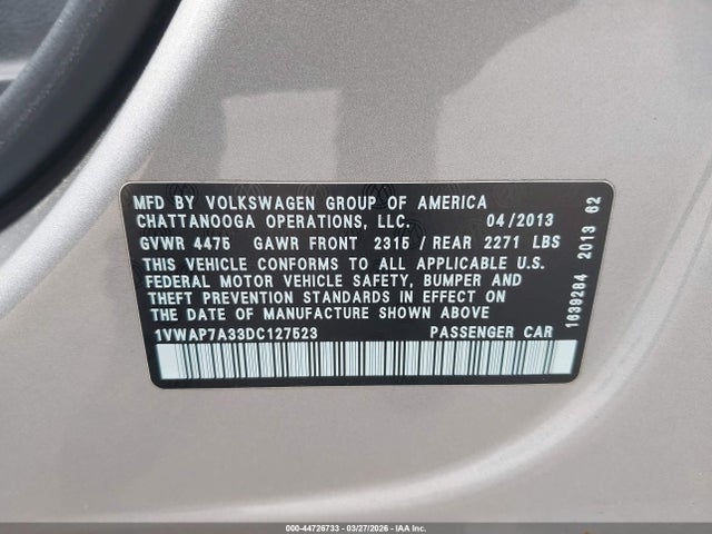 Продажа на аукционе авто 2013 Volkswagen Passat S, vin: 1VWAP7A33DC127523, номер лота: 44726733