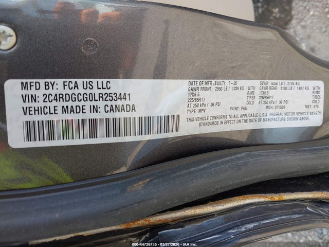2020 Dodge Grand Caravan Sxt მანქანა იყიდება აუქციონზე, vin: 2C4RDGCG0LR253441, აუქციონის ნომერი: 44726735