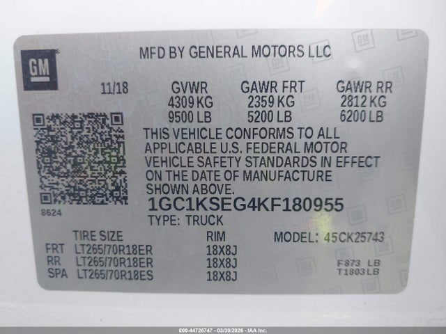 Aukcja sprzedaży 2019 Chevrolet Silverado 2500hd Lt, vin: 1GC1KSEG4KF180955, numer aukcji: 44726747