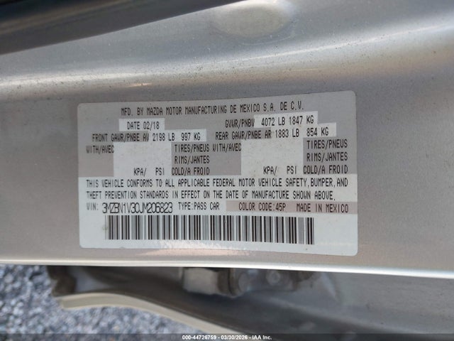2018 Mazda Mazda3 Touring მანქანა იყიდება აუქციონზე, vin: 3MZBN1V30JM206823, აუქციონის ნომერი: 44726759