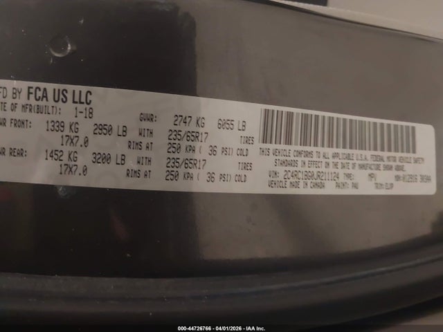 Aukcja sprzedaży 2018 Chrysler Pacifica Touring L, vin: 2C4RC1BG0JR211124, numer aukcji: 44726766
