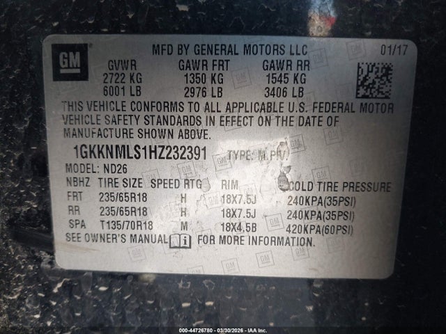 Продаж на аукціоні авто 2017 Gmc Acadia Slt-1, vin: 1GKKNMLS1HZ232391, номер лоту: 44726780