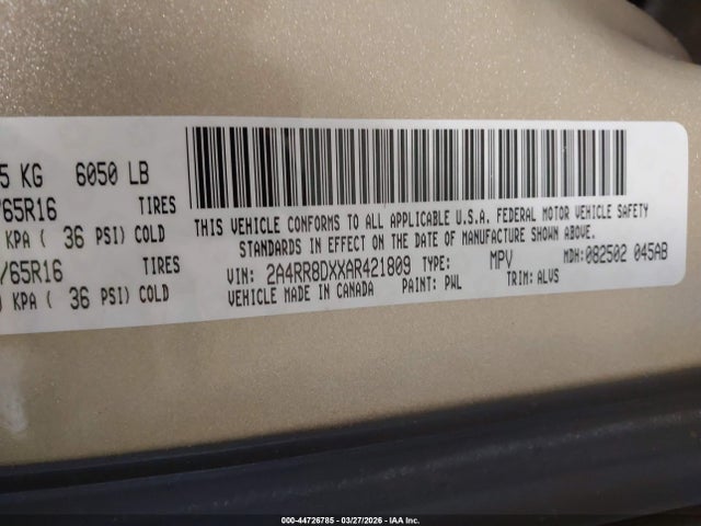 44726785 :رقم المزاد ، 2A4RR8DXXAR421809 vin ، 2010 Chrysler Town & Country Touring Plus مزاد بيع