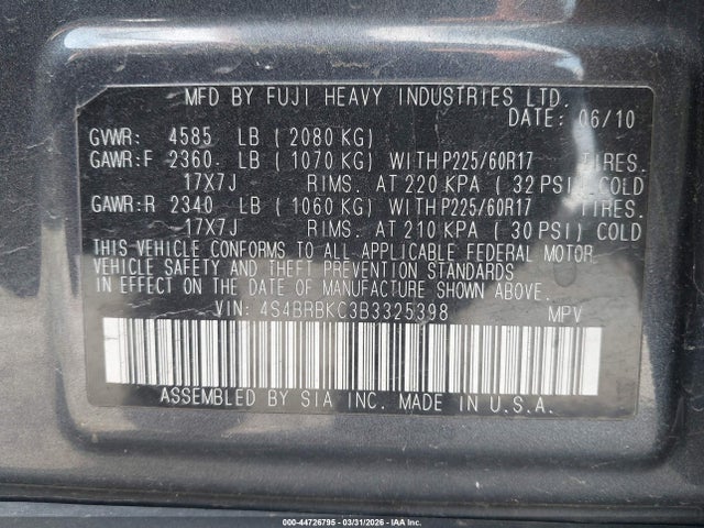 44726795 :رقم المزاد ، 4S4BRBKC3B3325398 vin ، 2011 Subaru Outback 2.5i Limited مزاد بيع