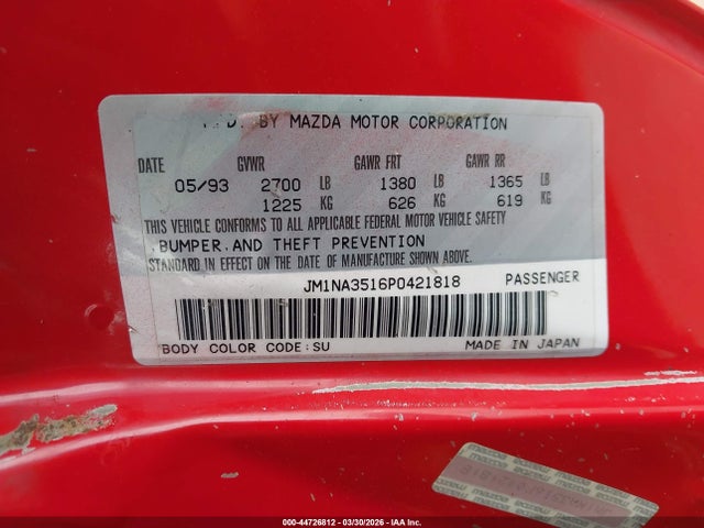 44726812 :رقم المزاد ، JM1NA3516P0421818 vin ، 1993 Mazda Mx-5 Miata مزاد بيع
