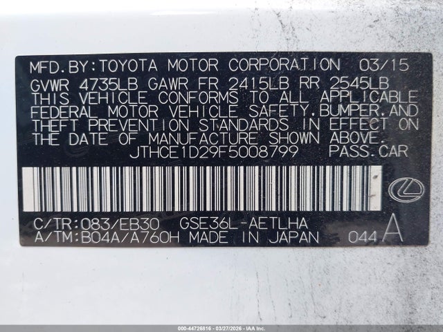 Aukcja sprzedaży 2015 Lexus Is 350, vin: JTHCE1D29F5008799, numer aukcji: 44726816
