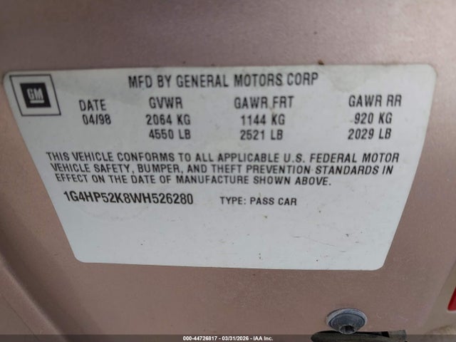 Продаж на аукціоні авто 1998 Buick Lesabre Custom Cmi, vin: 1G4HP52K8WH526280, номер лоту: 44726817
