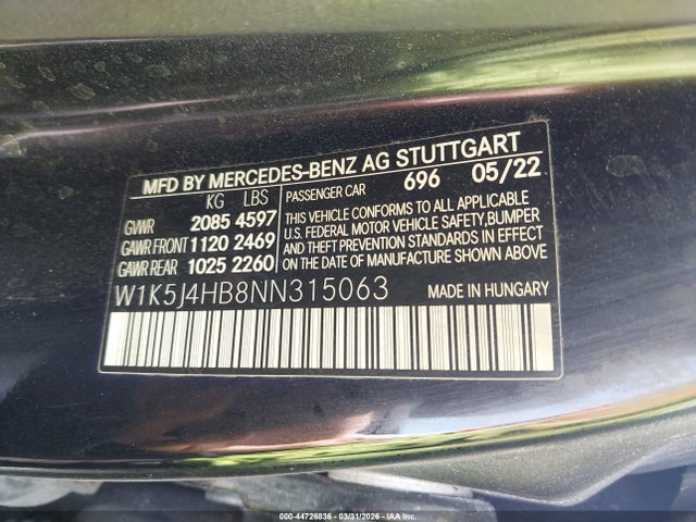 Aukcja sprzedaży 2022 Mercedes-benz Cla 250 Coupe 4matic, vin: W1K5J4HB8NN315063, numer aukcji: 44726836