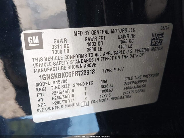 44726838 :رقم المزاد ، 1GNSKBKC6FR723918 vin ، 2015 Chevrolet Tahoe Lt مزاد بيع
