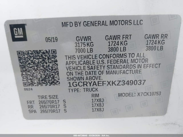 1GCRYAEFXKZ349037 Chevrolet Silverado 1500 Work Truck