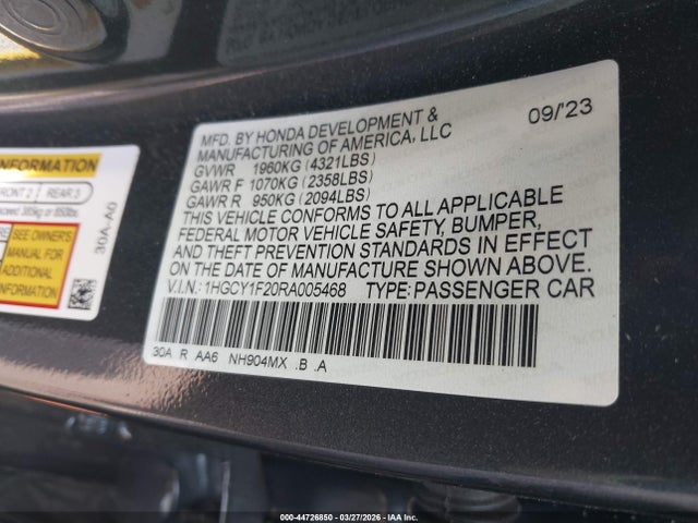 2024 Honda Accord Lx მანქანა იყიდება აუქციონზე, vin: 1HGCY1F20RA005468, აუქციონის ნომერი: 44726850