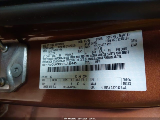 44726862 :رقم المزاد ، 1FMCU0GD3HUA40745 vin ، 2017 Ford Escape Se مزاد بيع