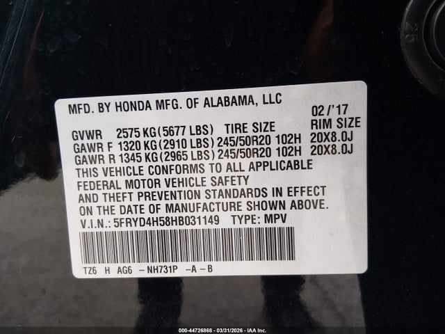 Aukcja sprzedaży 2017 Acura Mdx Technology Package, vin: 5FRYD4H58HB031149, numer aukcji: 44726868