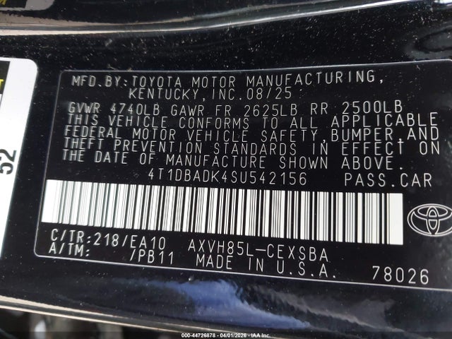 44726878 :رقم المزاد ، 4T1DBADK4SU542156 vin ، 2025 Toyota Camry Se مزاد بيع