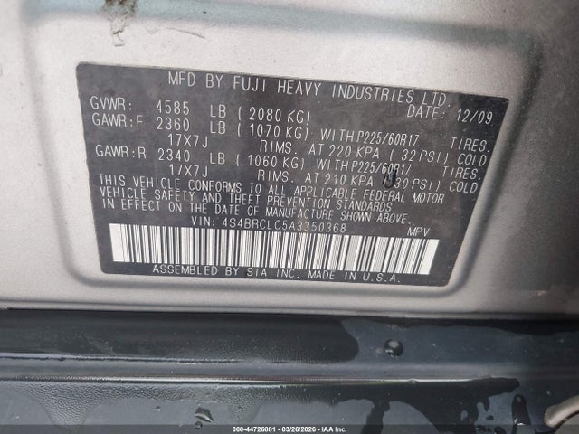 Aukcja sprzedaży 2010 Subaru Outback 2.5i Limited, vin: 4S4BRCLC5A3350368, numer aukcji: 44726881