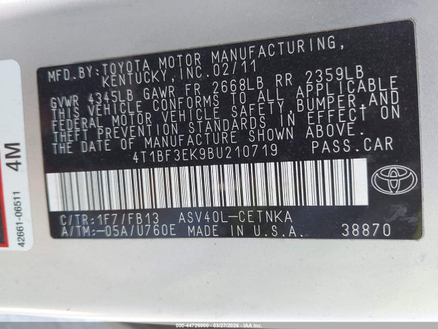 2011 Toyota Camry Le მანქანა იყიდება აუქციონზე, vin: 4T1BF3EK9BU210719, აუქციონის ნომერი: 44726900