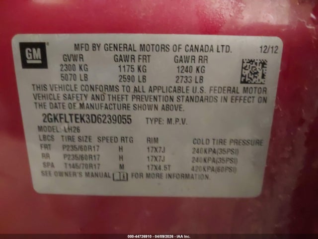 Продаж на аукціоні авто 2013 Gmc Terrain Sle-2, vin: 2GKFLTEK3D6239055, номер лоту: 44726910