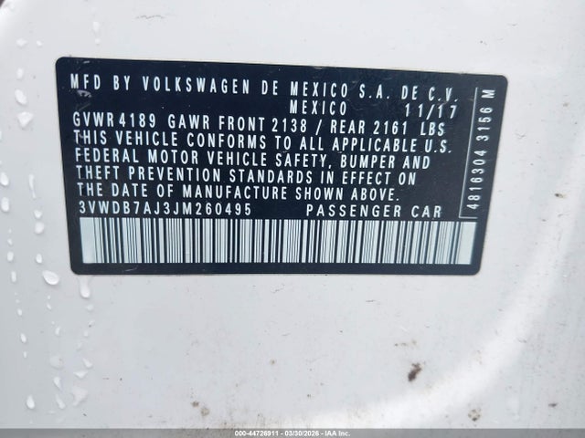 Продаж на аукціоні авто 2018 Volkswagen Jetta 1.4t Se/1.4t Wolfsburg Edition, vin: 3VWDB7AJ3JM260495, номер лоту: 44726911