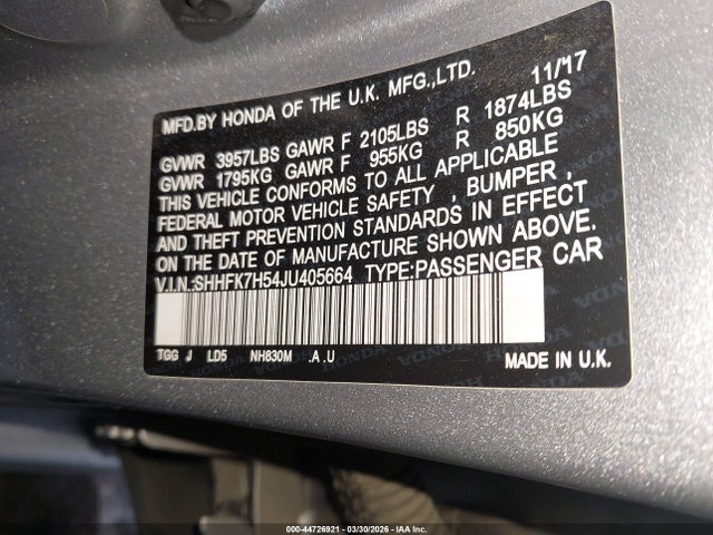 Продажа на аукционе авто 2018 Honda Civic Ex, vin: SHHFK7H54JU405664, номер лота: 44726921