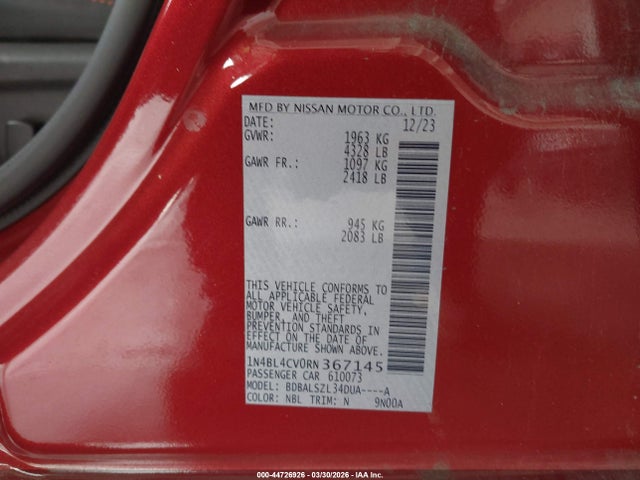 Продаж на аукціоні авто 2024 Nissan Altima Sr Fwd, vin: 1N4BL4CV0RN367145, номер лоту: 44726926