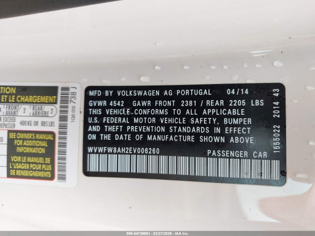 Продаж на аукціоні авто 2014 Volkswagen Eos Executive, vin: WVWFW8AH2EV006260, номер лоту: 44726951
