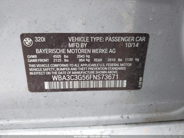 44726962 :رقم المزاد ، WBA3C3G56FNS73671 vin ، 2015 Bmw 320i Xdrive مزاد بيع
