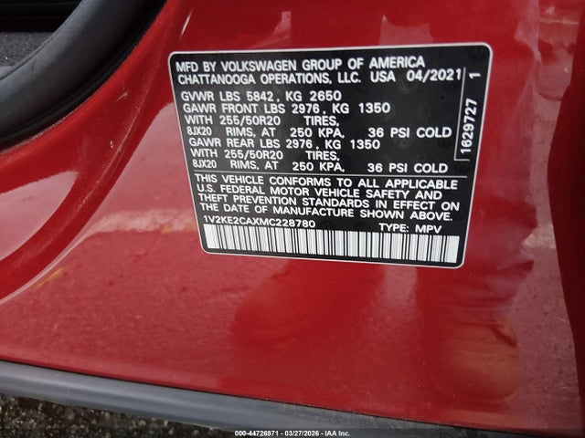 2021 Volkswagen Atlas Cross Sport 3.6l V6 Se W/technology მანქანა იყიდება აუქციონზე, vin: 1V2KE2CAXMC228780, აუქციონის ნომერი: 44726971