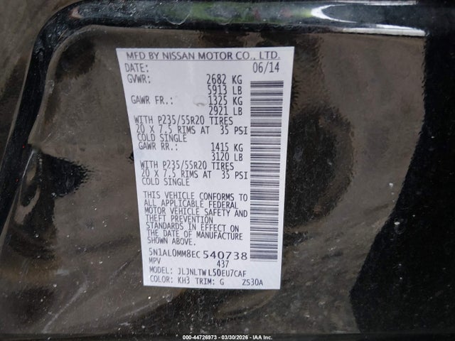 Aukcja sprzedaży 2014 Infiniti Qx60, vin: 5N1AL0MM8EC540738, numer aukcji: 44726973