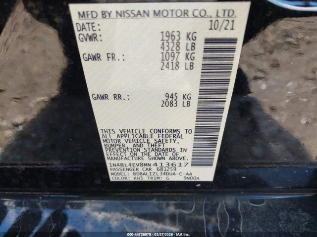 Aukcja sprzedaży 2021 Nissan Altima Sl Fwd, vin: 1N4BL4EV8MN413617, numer aukcji: 44726979