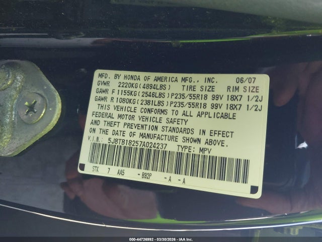 Aukcja sprzedaży 2007 Acura Rdx, vin: 5J8TB18257A024237, numer aukcji: 44726992
